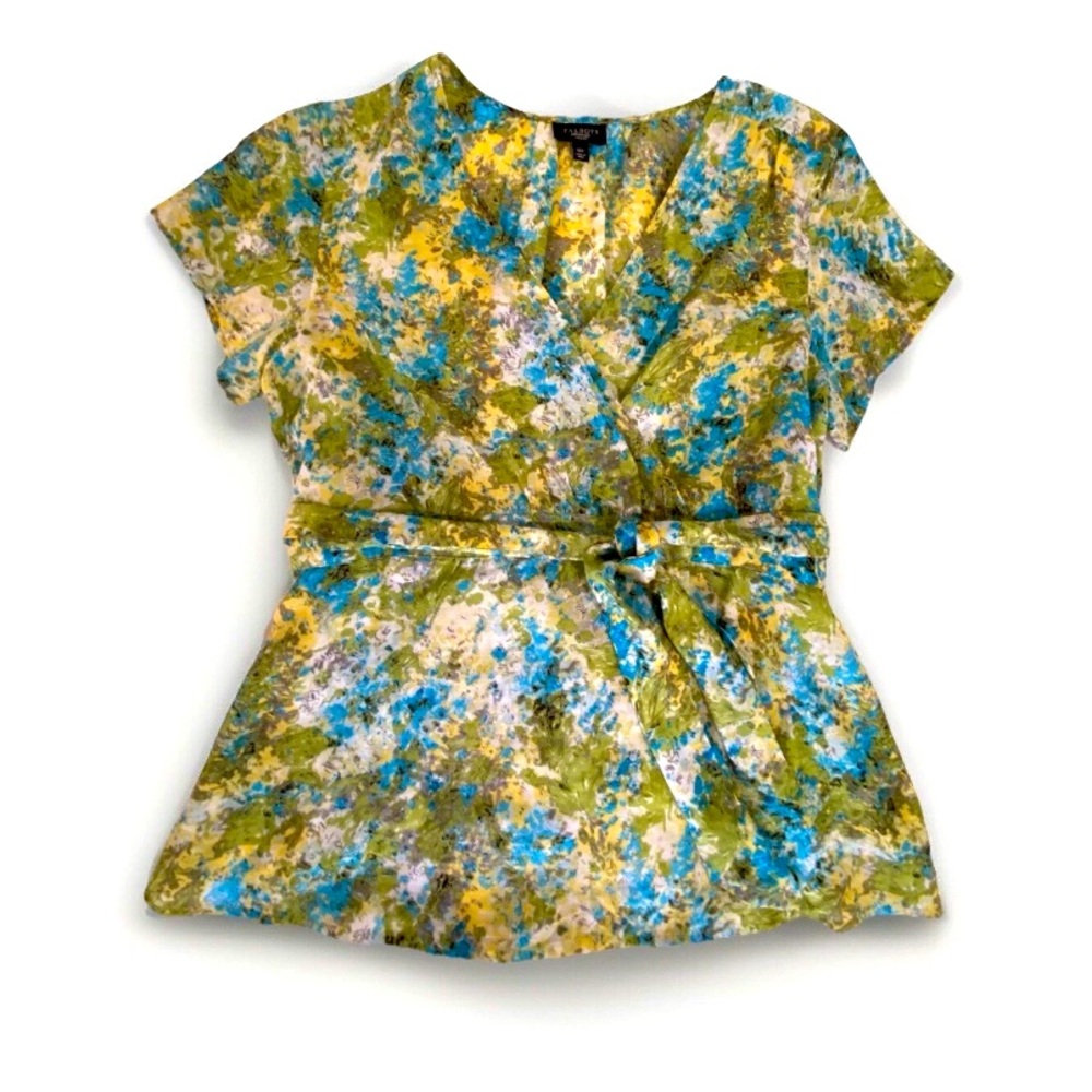 Talbots 10P Cotton Silk Green Floral Print Cap Sleeve V-Neck Wrap Blouse